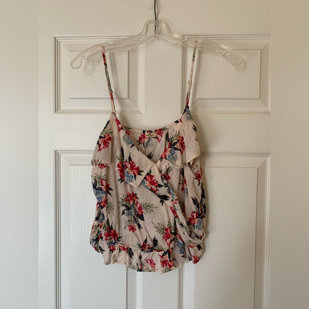 Hollister Floral Spaghetti Strap Ruffled Wrap Camisole, Cream and Red, Size L‎
